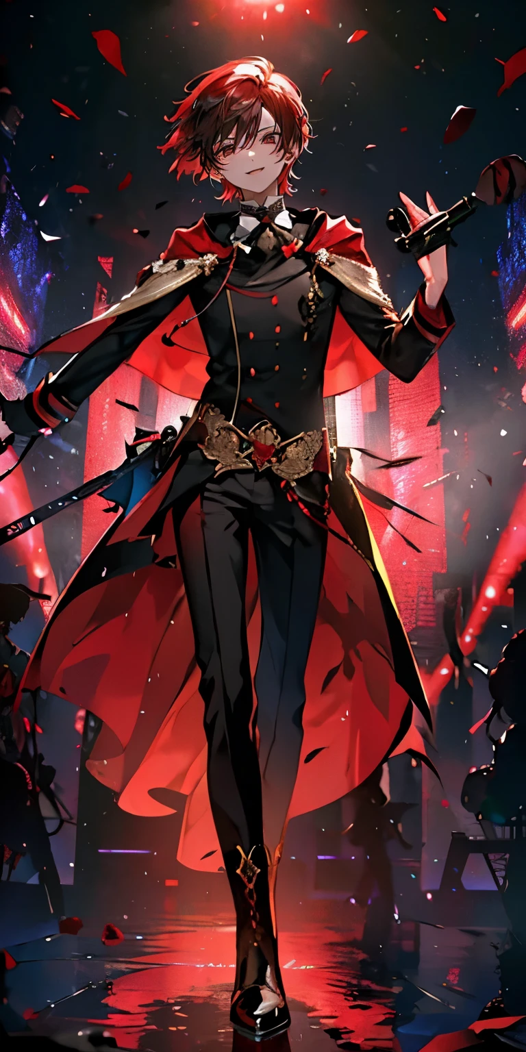(Mastepiece), (Best Quality), Very detailed, ((1 boy)), Perfect Face, Beautiful Face, Very detailedな顔，((Red hair_short hair_Red eyes:1.3))，Full body photography、Male solo idol、Gorgeous idol costumes、Cape、boots、(pants:1.2)、(Hold the microphone)、stage、Concert Dome、Lots of confetti、(smile:1.4)、(Open your mouth wide)、sing、dance、Wink、Laser light、Spotlight