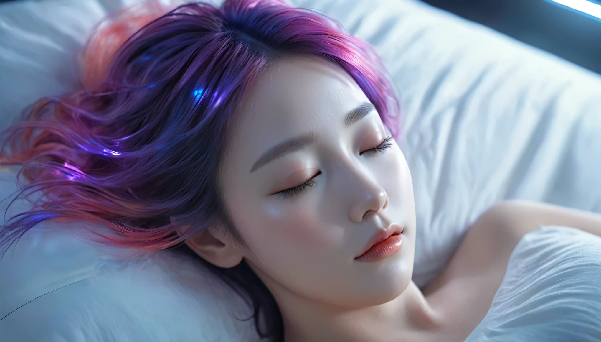 (best quality,8k,ultra-detailed:1.2),(CG,CG art,3D rendering),(masterpiece:1.2),（Sexy clothing），(movie lighting,futuristic),(woman lying in bed,sleeping,closed eyes),(large window behind her,tranquil night),(colorful hair:1.5)