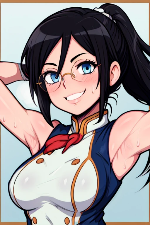 masterpiece, best quality, tanaka asuka, looking at viewer, black hair, blue eyes color, large breasts, upper body, portrait, looking at viewer, seductive smile,both hands raised, armpits, armpits visible, sweaty armpits, wearing white marching band uniform, wearing glasses, ponytail