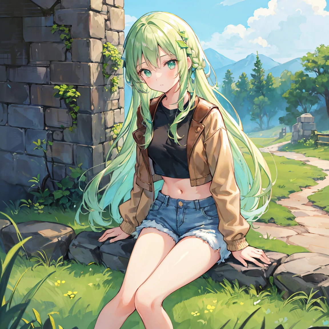 Beautiful illustration, best quality, cute girl, in front of a stone wall, rural, grass, pastel color, natural tones, native headress, black long hair, brown leather jacket, white crop top, denim shorts, sneakers, bright lighting, light green eyes