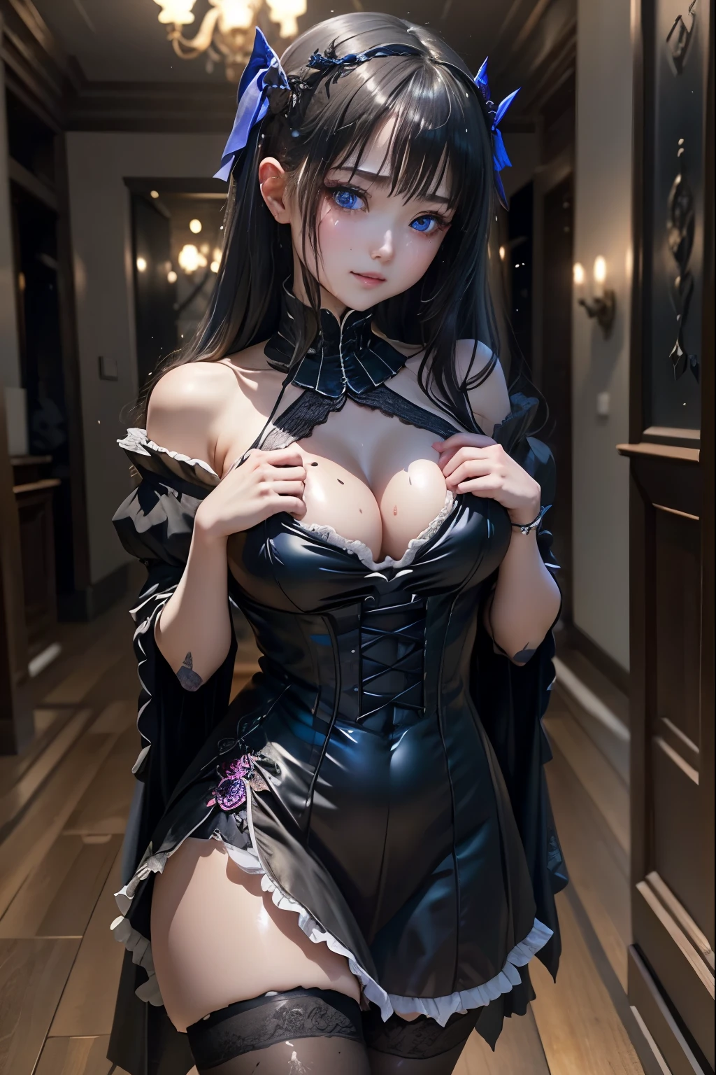 ハードDark Gothicメイク、Deep Night Sky、Horror、Black dark eyeshadow、cry、sad、Good skin radiance、Dark Gothicメイク、Dark smile、palace、The beauty of fragrance、24-years-old、Expressions of intense sexual pleasure、Embarrassed look、Dark Gothic、Obscene language、highest quality、Expression of sexual pleasure amid suffering、Drunk face、紫のMaid clothes、Mysterious、Noble、The face of someone who is holding in the toilet、sexy、Loving smile、Twin tail hair、Right blue eye, Left eye is red、Super seductive pose、Platform Heel Shoes、Heavy makeup、Gothic ta Clothing、A little slimmer、Silver Hair、Long Hair Straight Hair、Cute Gothic Loliress、Beautiful Face、elegant features、Fascinating face、Stained glassが背景、Chest glistening with sweat、The room is dark、goth long dress、Bell Sleeves、Wizard Sleeve、Decadent look、Sexually excited expression、Glossy thighs wet with water、Thighs that are wet and shiny with oil、Background of a room full of roses、sad表情、Rose Maiden、The embroidery is pink、The dress has pink embroidery、Thigh-high socks、Knee-high socks、Gentle expression、Dark black eyeshadow、despicable act、Stained glassと薔薇背景、thighs are a little thin、Female Duo、Female couple、A blue lightning bolt glows in her right hand.、Blue electromagnetic waves shine in my hands、dark church background、Stained glass、Black metal world、Dark Castle、Dark Room、Slender body、upright、walk、Are standing、gothic long dresaid clothes、Victorian dresses、Her thighs glisten with sweat、My body is wet and shiny、Lots of glitter on the thighs、sweating、My thighs are sticky from sweating、Sweat glistens on the thighs, The whole body is sweaty and shiny、Quite sweaty、My thighs are sweaty、My thighs are so wet、My thighs are shining with sweat、A lot of sweat glistens all over the body、The thighs are the best、electric guitar、play the guitar、have a guitar、gothic stage、Live Play guitar、