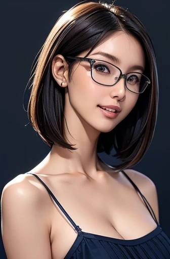 (masterpiece), (8k, best quality, high resolution), (ultra-detailed, realistic), (anatomically correct),  
((Portrait)), (Standing), (No background),
(1woman),  (looking at viewer), 
(A Japanese woman, 30 years old and 155cm tall.), 
(black hair), (straight hair), (short hair style), (bob cut), (hair behind ears), 
(wear glasses), ((black cell frame glasses)), 
((Wear a navy blue spaghetti strap dress)), (Mini length dress with simple design), 
(Create a detailed image of the eye), 
(Her impression is pure, clean and kind.), 
((A captivating smile, just showing a few teeth.)), 　 
