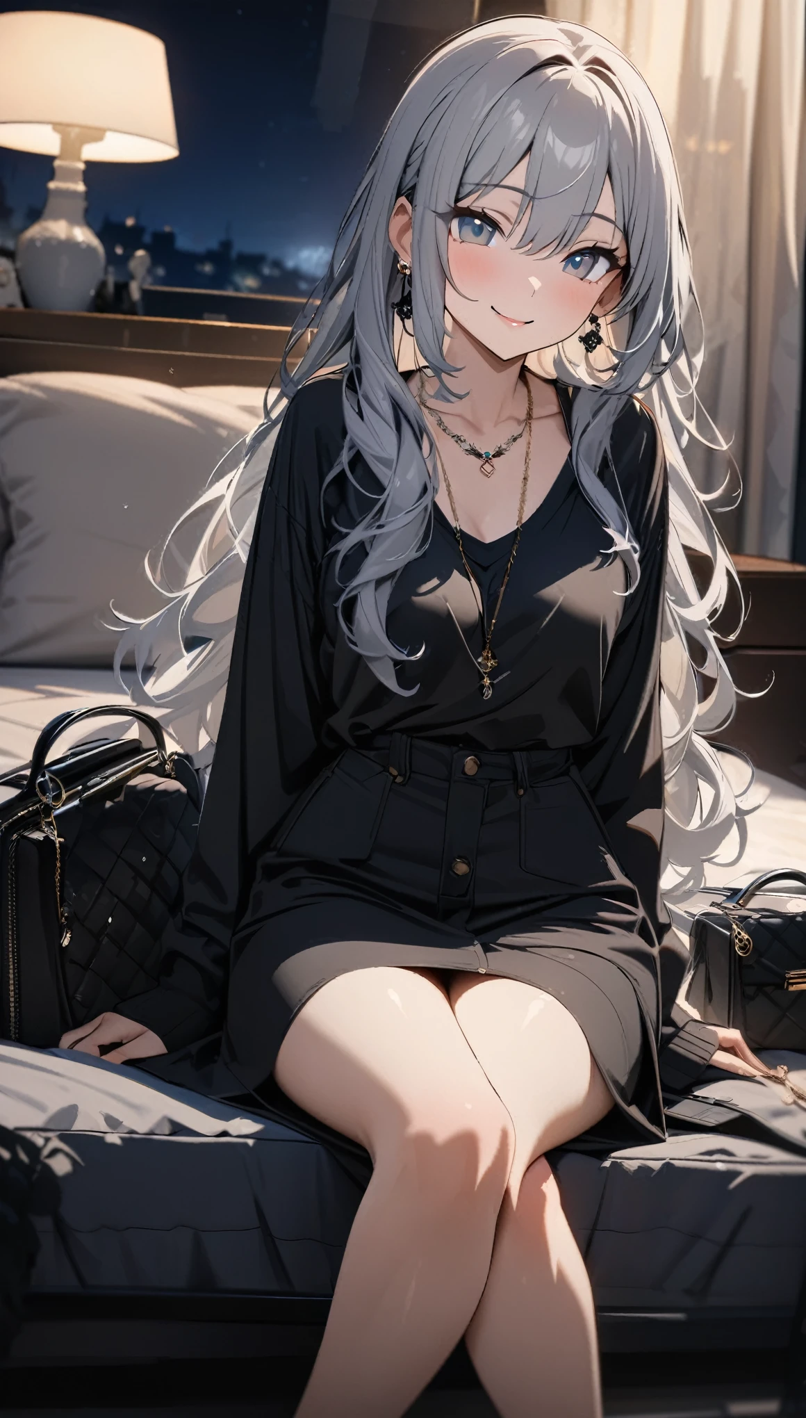 masterpiece, highest quality, Ultra-high resolution, Ultra-fine, 4K, 8k, highest quality, beautiful, Cute Woman, alone, (beautiful,Gray Hair, beautiful eyes, Long Hair, smile),laugh at,Queen,Crossing your legs,Bedroom,night,necklace, Earrings, accessories, bag, Great lighting,Excellent resolution,Audio Notes