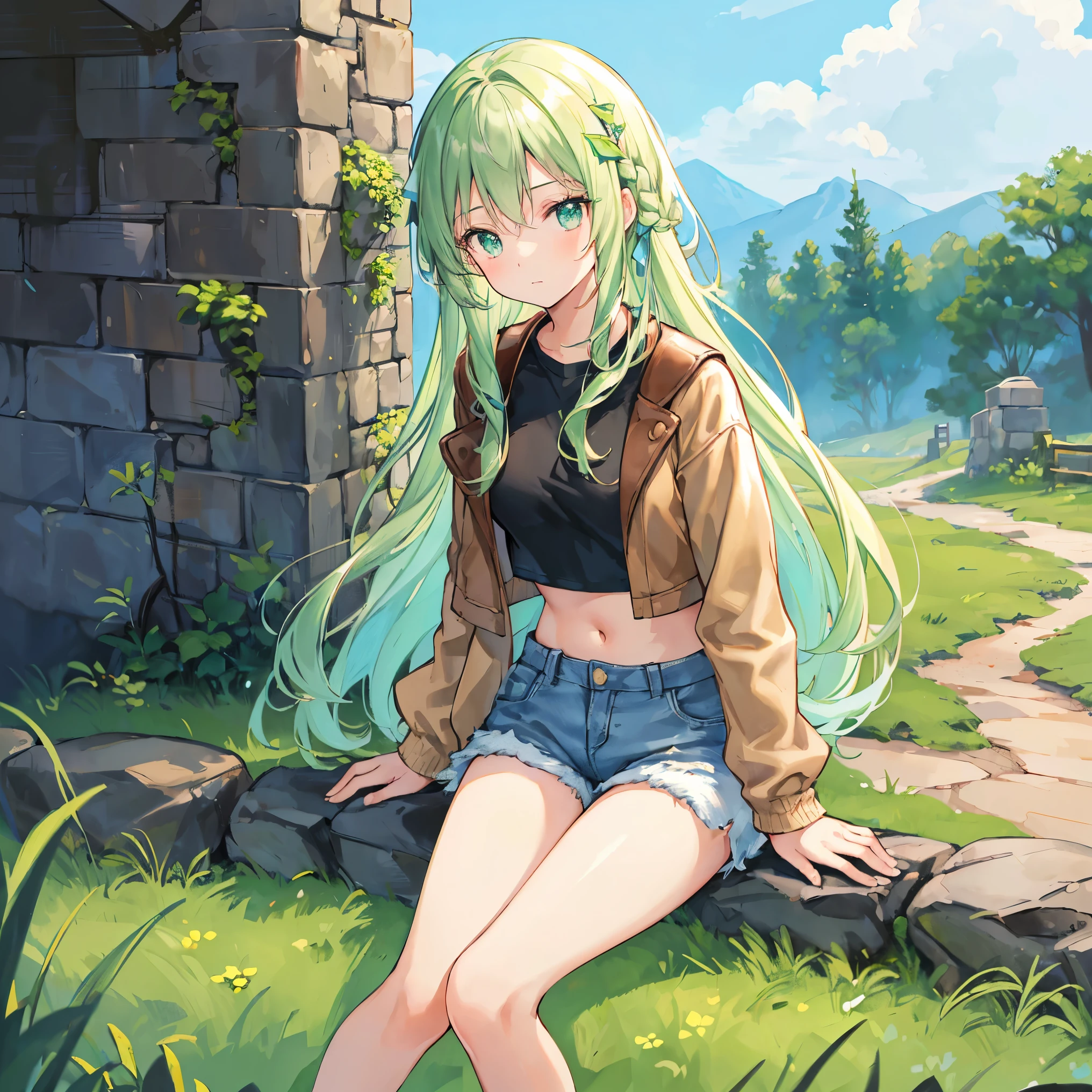 Beautiful illustration, best quality, cute girl, in front of a stone wall, rural, grass, pastel color, natural tones, native headress, black long hair, brown leather jacket, white crop top, denim shorts, sneakers, bright lighting, light green eyes