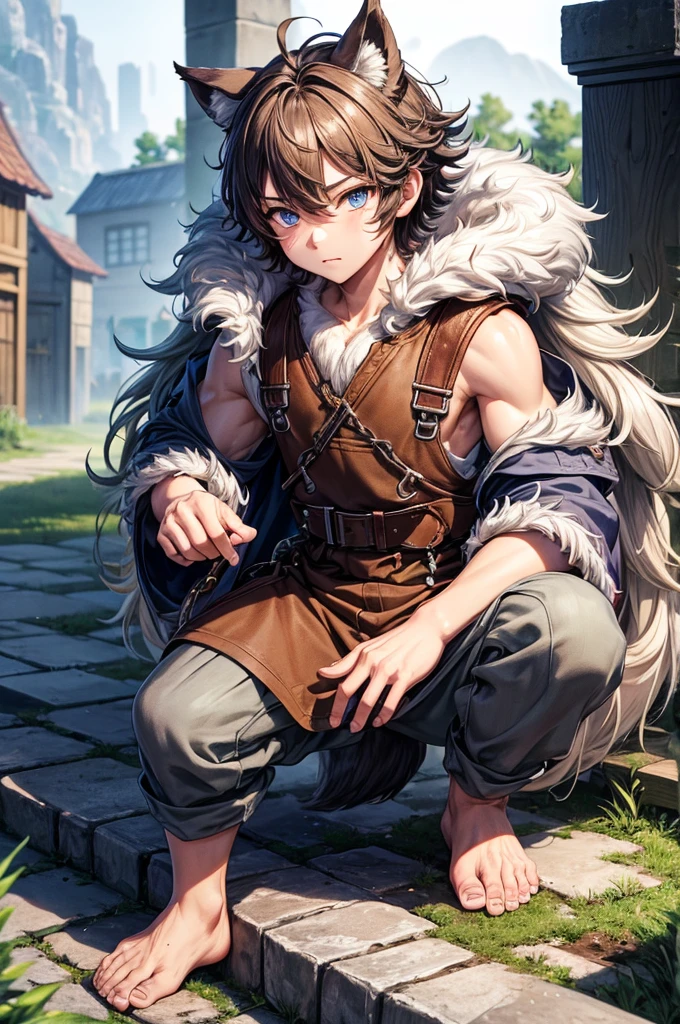 masterpiece,highest quality,Very detailedな,High resolution,Very detailed,alone,Fantasy,Wolf Beastman,boy,11-year-old boy,(straight, short hair),blue eyes,Cute face,Furry,Grey fur,Fluffy neck hair,(Adventure Clothing, Brown), barefoot, Very detailedな fur,( Five-fingered), overall situation, outside, village,