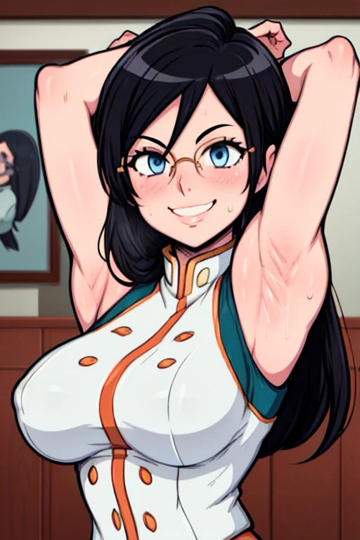 masterpiece, best quality, tanaka asuka, looking at viewer, black hair, blue eyes color, large breasts, upper body, portrait, looking at viewer, seductive smile,both hands raised, armpits, armpits visible, sweaty armpits, wearing white marching band uniform, wearing glasses,