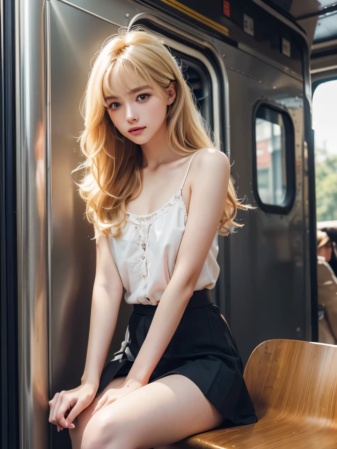 8K、Photo image masterpiece、highest quality、Super-resolution、Low angle image、Beautiful woman with golden curly hair、((Blonde beauty))、With bangs、Impossibly cute face、And slim、Small breasts、High resolution、masterpiece、Exquisite Function 、Delicate eyes、Delicate blonde hair、8K quality、Pale light and shadow、Dindal effect、Messy blonde、With bangs、((A photo from the delicate feet)、(Detailed RAW Photos of Girls)、(Tabletop:1.25)、 (Highest quality:1.6)、(超High resolution:1.5)、(Real:1.75)、8k resolution、Canon EOS R5、50mm、Image from the foot、Ulzzang-6500-v1.1, (RAW Photos:1.2), (Realistic:1.4), Beautiful detailed girl, Very narrow waist、Very detailed eyes and face, Beautiful fine details, Ridiculous, incredibly Ridiculous, Large file size, Very detailed, High resolution, Very detailed, highest quality, masterpiece, ((Colorful summer fashion)), Very detailed, CG, Unified, 8k wallpaper, wonderful, The finer details, masterpiece ,highest quality, Very detailed CG uniform 8k wallpaper, Light on the face, Cinema Lighting, One girl, 23 years old, ((Woman sitting in front of a train、Thigh Gap 、Direct light from below、Illuminate the inside of the skirt、Liked images、Voyeur in skirt、Panty voyeur))、