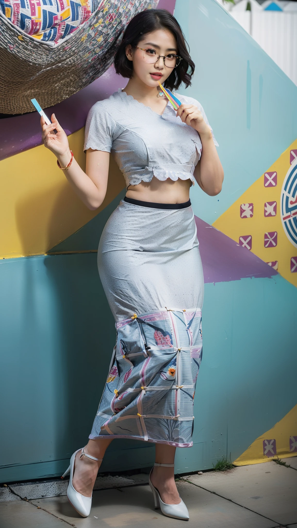 ,(full body:1.5)，(((only one girl)):1.4),(view the viewer:1.4)，((anatomy correct):1.45),(((dancing in the shopping mall , Perfectly integrated background))):1.3),(she wears large glasses and Holding bra & pantie in her hand:1.2),(shy:1.15),(( the rice stick set):1.2),(((((((patterns)))))) ,((thick Mrs)):1.3), (tight Mrs pantie & bra)(high heels leather shoe:1.1)，((Long legs and large chest):1.3),((((colorful))):1.4),(Accurate and perfect face:1.3),((black short hair):1.2)，hyper HD, Ray traching, reflective light， structurally correct, Award-Awarded, high detail, lighten shade contrast, Face lighting ，cinematic lighting, masterpiece, super detailing, high quality, high detail, best quality, 16k，High contrast,