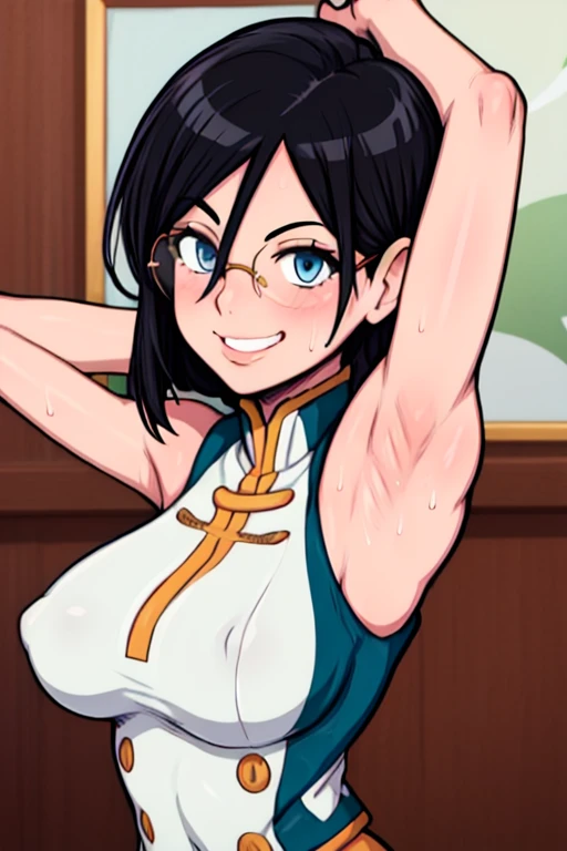 masterpiece, best quality, tanaka asuka, looking at viewer, black hair, blue eyes color, large breasts, upper body, portrait, looking at viewer, seductive smile,both hands raised, armpits, armpits visible, sweaty armpits, wearing white marching band uniform, wearing glasses,