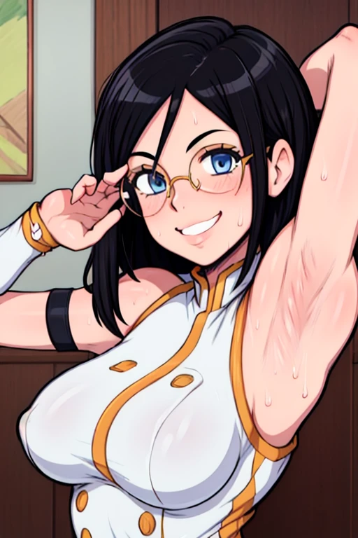 masterpiece, best quality, tanaka asuka, looking at viewer, black hair, blue eyes color, large breasts, upper body, portrait, looking at viewer, seductive smile,both hands raised, armpits, armpits visible, sweaty armpits, wearing white marching band uniform, wearing glasses,