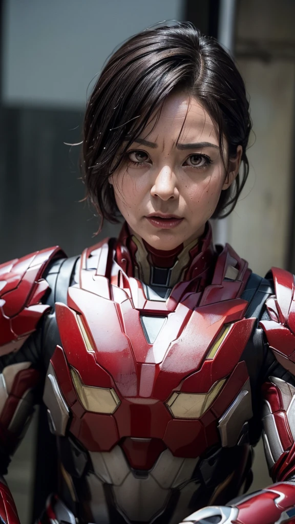 highest quality　8k red armor　Iron Man Suit　Middle-aged women　　Sweaty face　　short hair　　Steam coming out of the head　My hair is wet with sweat　Black Hair　((Fall to the ground)) dying　Injury　Full body portrait　Only the face is exposed　