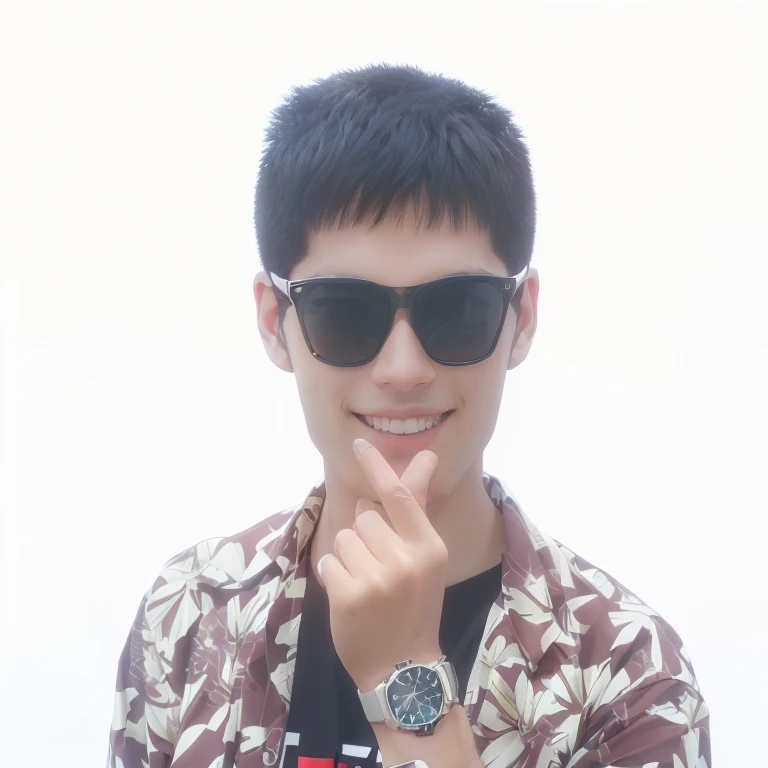 A handsome man wearing sunglasses and a watch poses for a photo, cute, handsome, yougth, teenager, summer, humanoide, cinematic shot, love gesture