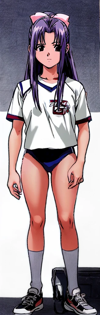 Momoko Koigakubo, a tall girl with beautiful legs, is standing at an angle with her legs spread to the side in a white gym uniform and light navy blue bloomers that look like panties.。