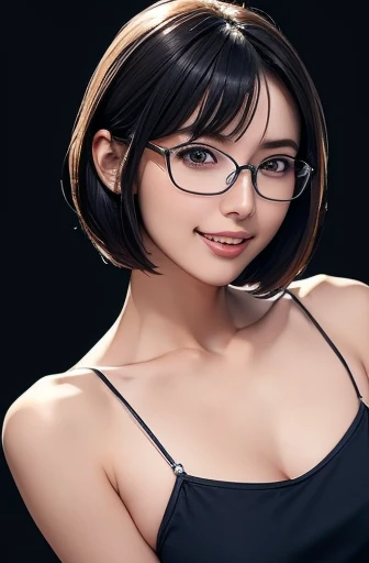 (masterpiece), (8k, best quality, high resolution), (ultra-detailed, realistic), (anatomically correct),
((from head to thighs)), (Standing), (No background),
(1woman), (looking at viewer),
(A Japanese woman, 30 years old and 155cm tall),
(black hair), (straight hair), (short hair style), (bob cut), (hair behind ears),
(wear glasses), ((black cell frame glasses)),
((Wear a navy blue spaghetti strap dress)), (Mini length dress with simple design),
(Create a detailed image of the eye),
(Her impression is pure, clean and kind.),
((A captivating smile, just showing a few teeth.)),