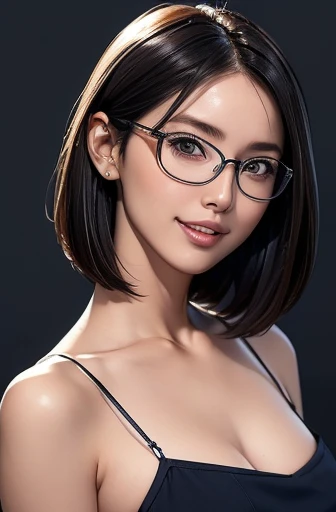 (masterpiece), (8k, best quality, high resolution), (ultra-detailed, realistic), (anatomically correct),
((from head to thighs)), (Standing), (No background),
(1woman), (looking at viewer),
(A Japanese woman, 30 years old and 155cm tall),
(black hair), (straight hair), (short hair style), (bob cut), (hair behind ears),
(wear glasses), ((black cell frame glasses)),
((Wear a navy blue spaghetti strap dress)), (Mini length dress with simple design),
(Create a detailed image of the eye),
(Her impression is pure, clean and kind.),
((A captivating smile, just showing a few teeth.)),