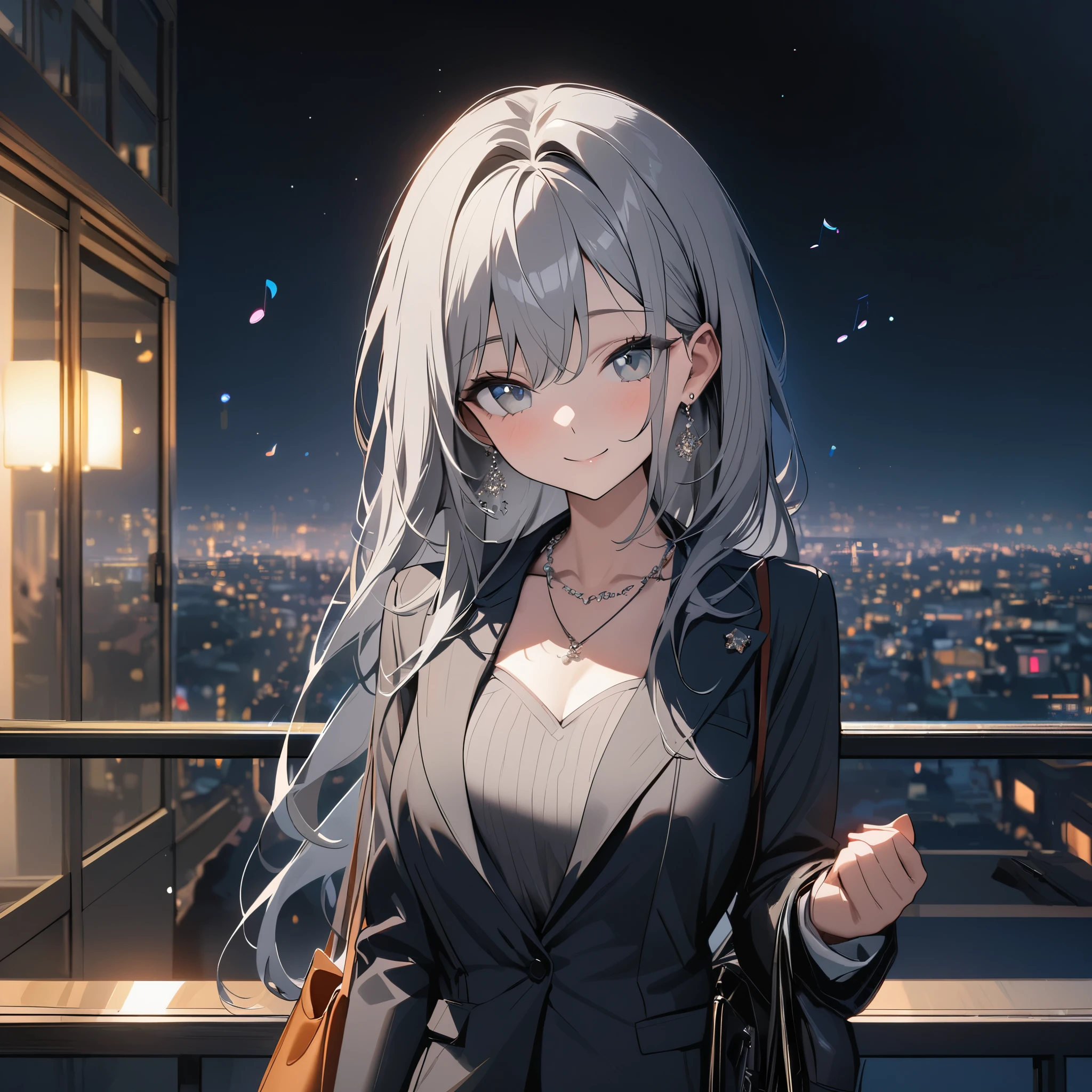 masterpiece, highest quality, Ultra-high resolution, Ultra-fine, 4K, 8k, highest quality, beautiful, Cute Woman, alone, (beautiful,Gray Hair, beautiful eyes, Long Hair, smile), Balcony,night,suit,necklace, Earrings, accessories, bag, Great lighting,Excellent resolution,, Audio Notes,