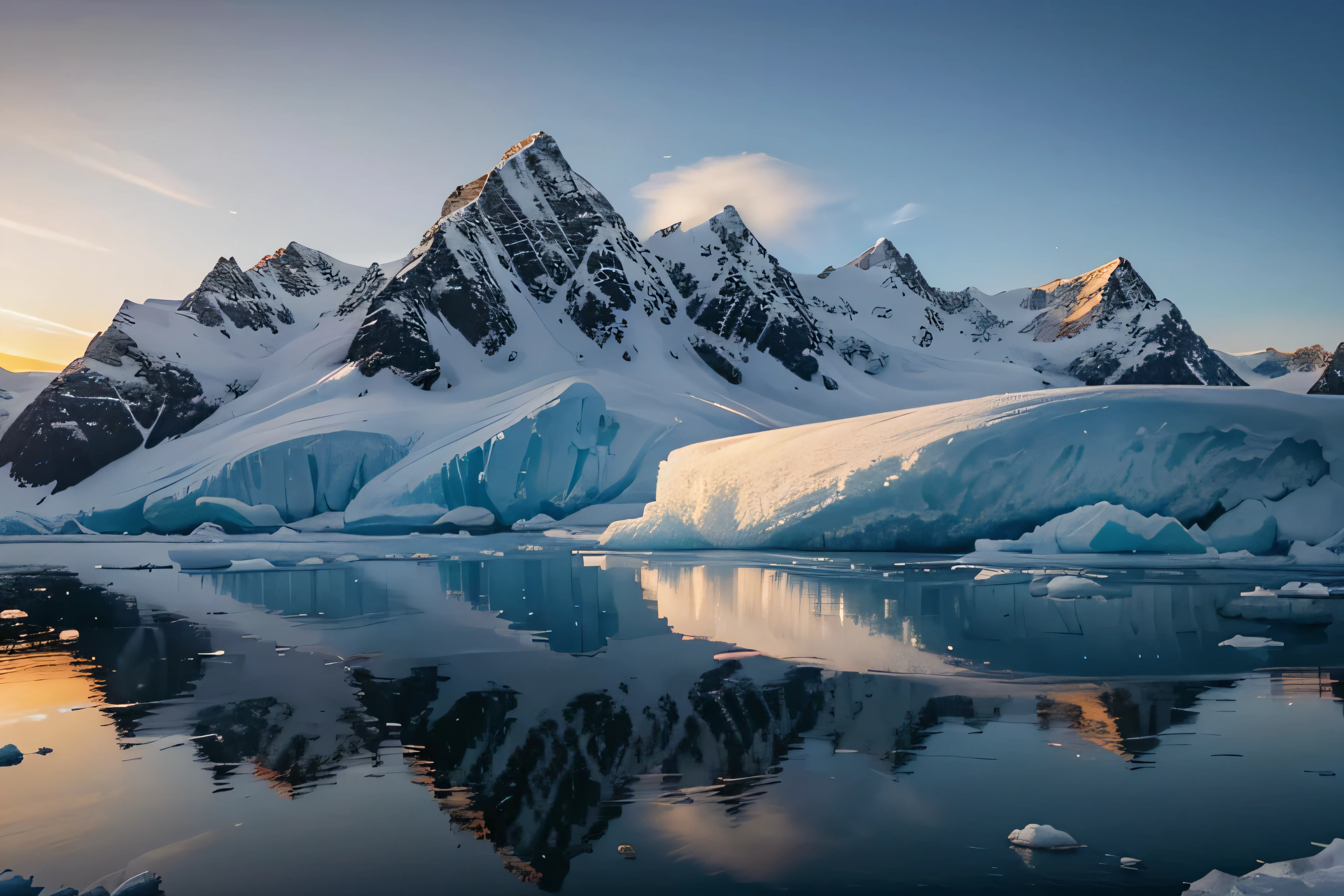 A stunning photorealistic cinematic landscape captures the essence of a serene Antarctic scene at morning light. A tranquil la
ke is surrounded by towering, snow-capped mountains, creating an untouched, pristine wilderness. Massive icebergs float effortlessly, their surfaces reflecting the warm, golden light of the setting sun. The sky is filled with soft, pastel hues of pink and orange, adding to the overall sense of serenity and beauty. The intricate details of the scene showcase the untouched, breathtaking nature of the polar region, making it an awe-inspiring visual masterpiece.