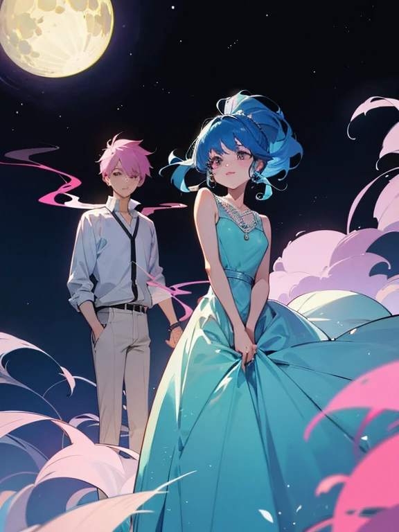 cartoon of a boy and a girl standing close together, ddlc, in the art style of 8 0 s anime, 9 0 s anime style, 90s anime style, in anime style, in an anime style, anime aesthetic, anime vibes, 9 0 s anime aesthetic, 9 0 s anime art style, lofi boy and girl, beautiful background outside, background at night with stars and a moon, fairy lights, beautiful background in a floral garden with fairy lights at night, a cute boy and a cute girl, beautiful faces, a boy and a girl, don't extra hands, NO extra hands, generate a boy and a girl with NO extra hands, NO extra arm, the boy has a short hairstyle and the girl has a long hairstyle, the boy has blue hair, the girl has pink hair, pretty faces, cute pretty boy in a smoking dress, cute pretty girl in a beautiful dress, with amazing smile, boy has a pretty smile, girl has a cute smile, cartoon of a boy and a girl standing close together, ddlc, in the art style of 8 0 s anime, 9 0 s anime style, 90s anime style, in anime style, in an anime style, anime aesthetic, anime vibes, 9 0 s anime aesthetic, 9 0 s anime art style, lofi boy and girl, beautiful background outside, background at night with stars and a moon, fairy lights, beautiful background in a floral garden with fairy lights at night, a cute boy and a cute girl, beautiful faces, a boy and a girl, don't extra hands, NO extra hands, generate a boy and a girl with NO extra hands, NO extra arm, the boy has a short hairstyle and the girl has a long hairstyle, the boy has blue hair, the girl has pink hair, pretty faces, cute pretty boy in a smoking dress, cute pretty girl in a beautiful dress, with amazing smile, boy has a pretty smile, girl has a cute smile  