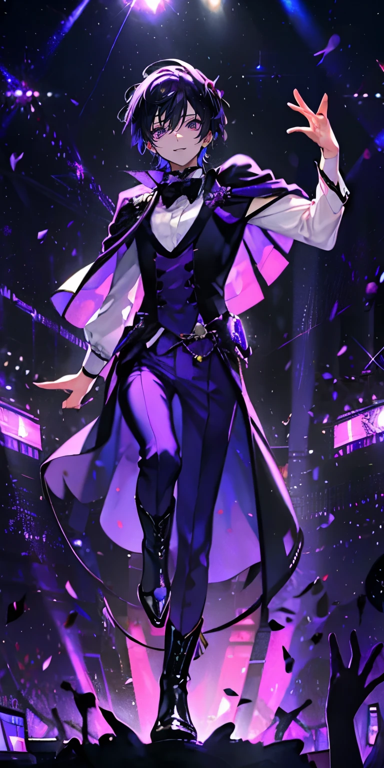 (Mastepiece), (Best Quality), Very detailed, ((1 boy)), Perfect Face, Beautiful Face, Very detailedな顔，((Purple Hair_short hair_Purple eyes:1.3))，Full body photography、Male solo idol、Gorgeous idol costumes、Cape、boots、(pants:1.2)、(Hold the microphone)、stage、Concert Dome、Lots of confetti、(smile:1.4)、(Open your mouth wide)、sing、dance、Wink、Laser light、Spotlight