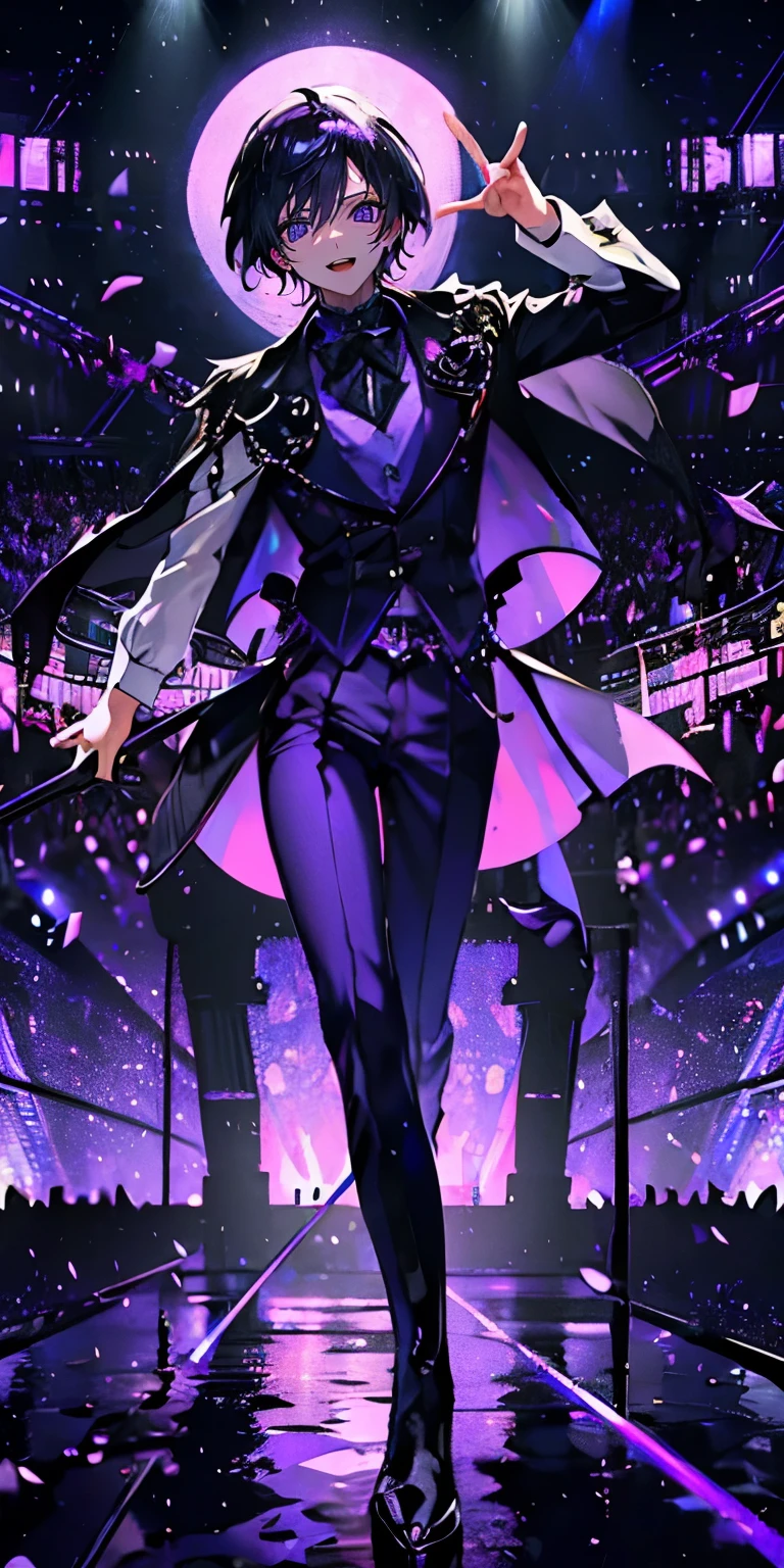 (Mastepiece), (Best Quality), Very detailed, ((1 boy)), Perfect Face, Beautiful Face, Very detailedな顔，((Purple Hair_short hair_Purple eyes:1.3))，Full body photography、Male solo idol、Gorgeous idol costumes、Cape、boots、(pants:1.2)、(Hold the microphone)、stage、Concert Dome、Lots of confetti、(smile:1.4)、(Open your mouth wide)、sing、dance、Wink、Laser light、Spotlight