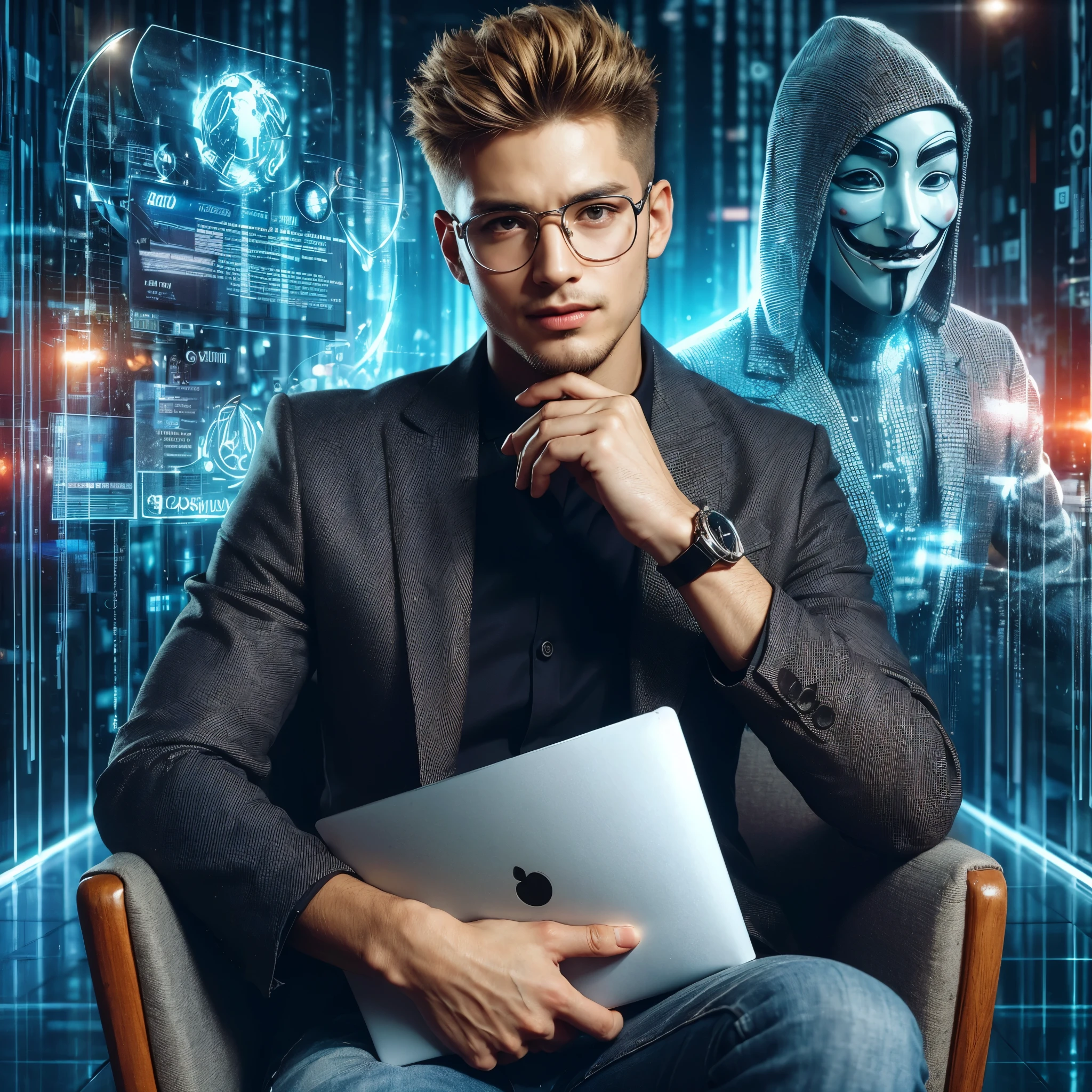 Professional photography masterpiece with 1 model: a confident, mysterious man in modern suit casual trendy attire, 20 years old, short blonde taper fade haircut, wearing trendy eyeglasses, with a subtle smile, looking happy, holding a notebook with silver luxury skin and neon anonymous designs, posing sitting on a chair, against a breathtaking hacker office backdrop with added holographic screen, resembling a Sony 7000D photo, in high definition with dramatic lighting and added dramatic color effects.