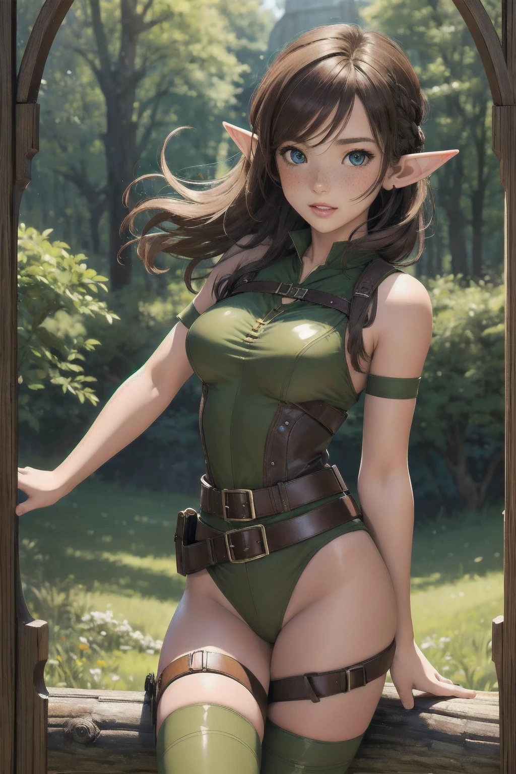 Masterpieces, best quality, perfect, wood, outdoors, forest, elf, sfw,26 years old, mature woman, leather, small ears, blushing, freckles, facing viewer, brown hair, full body, archer, long torso, mouth open, glossy lips, large waist, thick thighs, sitting on log, facing viewer, thigh high socks, hourglass shape, slim waist, thigh gap, cleavege, adult woman, cleavege window, large breasts, beautiful background, perfect landscape, the most peacefull place you've ever been, a welcoming woman, lush pastures, leg strap, leg holster, belt, hunger games, holding wooden bow, holding fancy elf bow,