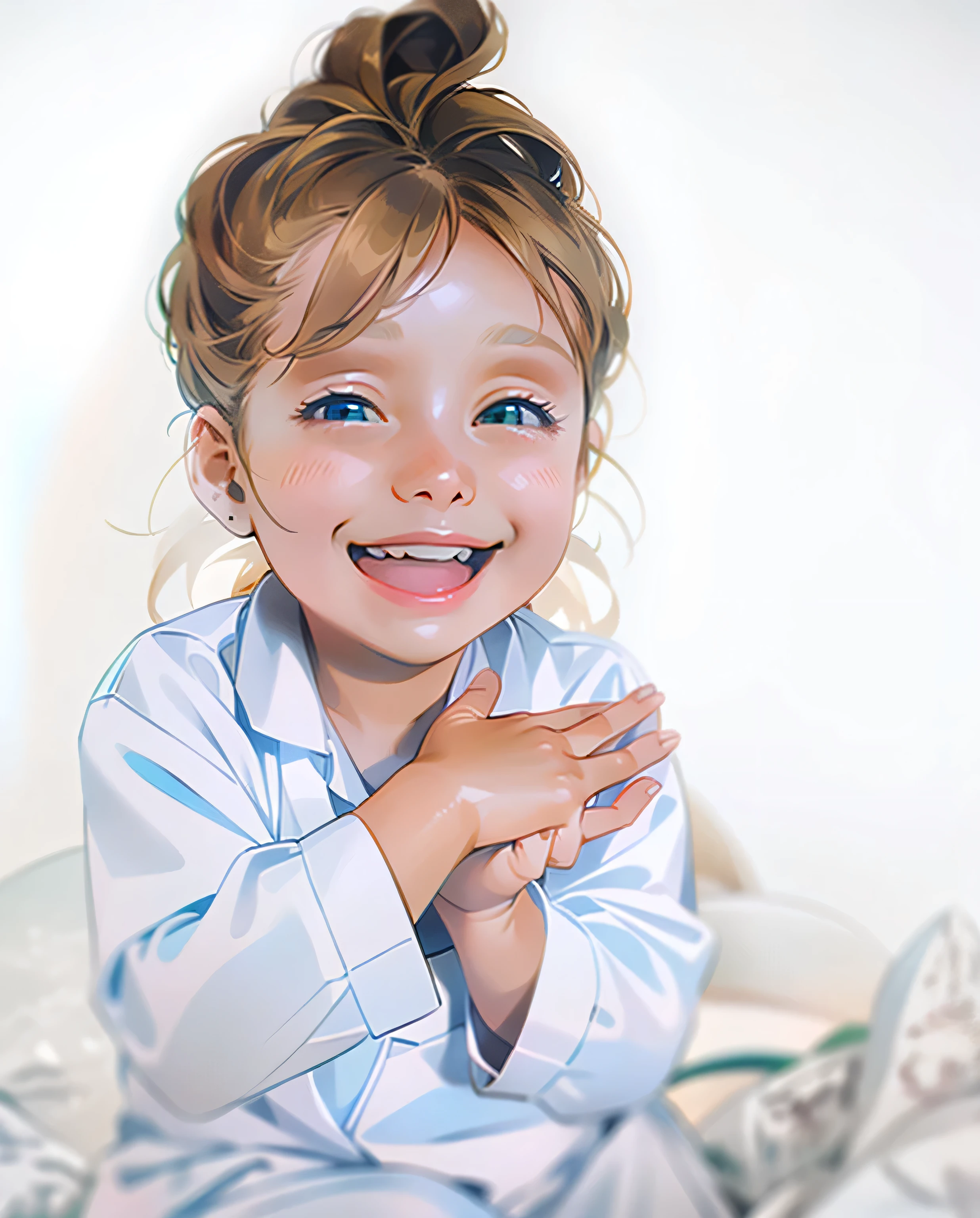 A , with her hands together, smiling very happy, in a cute style, blonde, innocent smile, white background, White shirt