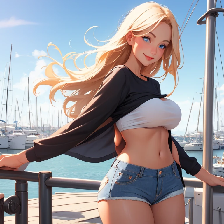 (masterpiece, best quality:1.4), (8K), Young blonde beauty, slender, (((18 years old, neat girl))), detailed blue eyes, long eyelashes, blush, kind smile, upper body, topless small breats, denim short shorts, (from side), (looking at viewer), beautiful blonde hair, white-skinned, long hair, parted bangs, (small breasts), (valley, beautiful and magnificent skyline, majestic sky), colorful natural light)