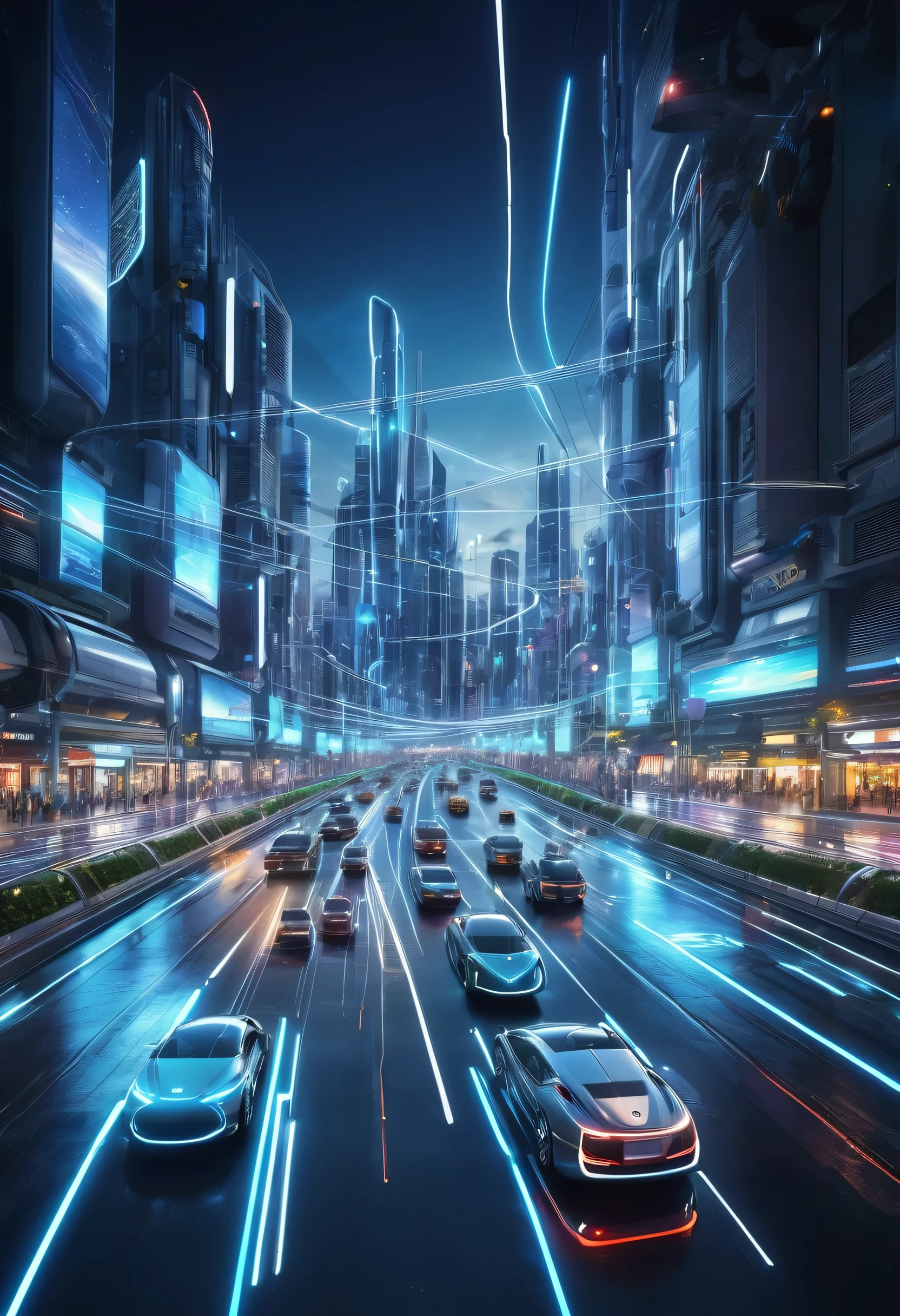 Heavy traffic、Image of a street with lines connecting it, Futuristic city路, Transportation with light trails, Futuristic city, car, car, Detailed pictures of the virtual world, Traffic design rendering, Futuristic cityscape photo, busy city on background, in city street at night, Future city background, futuristic product car shot, City of the Future