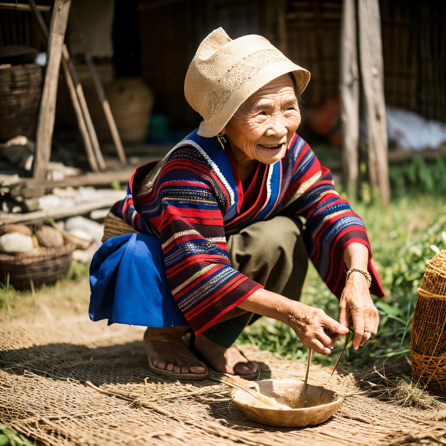 a very old Igorot woman weaving traditional Igorot ethnic attire