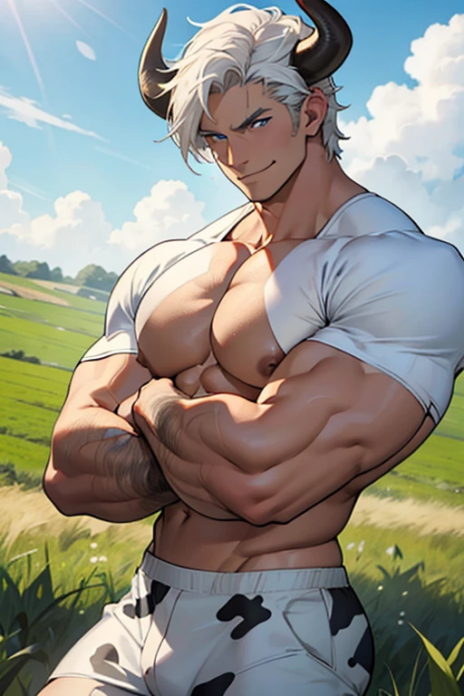 latin male, farmland background, cow horns, muscles, muscular, perfect face, smirking, 4k, anime-style, masculinity, grasslands, big chest, big breasts, white hair, young, Chest Lactating, blue eyes, black and white cow pattern on arms and legs, milk coming out of nipples, light brown skin