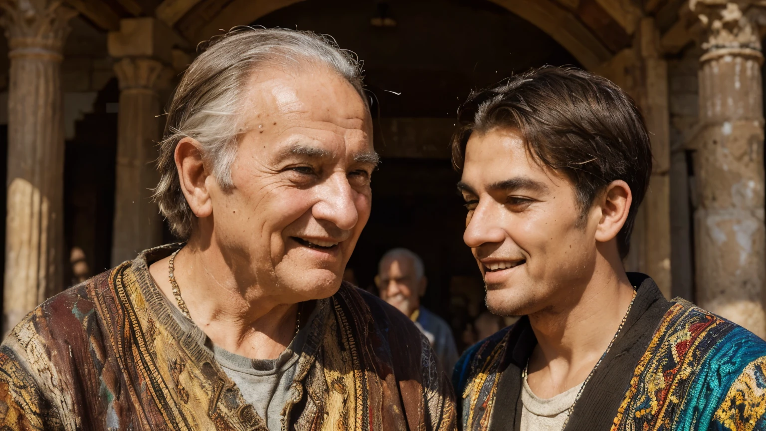 (old man looking into the distance at a young man coming towards him, extremely happy, joyful, ancient Judea,) (oil painting), (vibrant brush strokes, detailed textures, rich colors), (best quality, 4k resolution, high resolution: 1,2), (warm tones, earth colors), (soft and diffuse lighting)