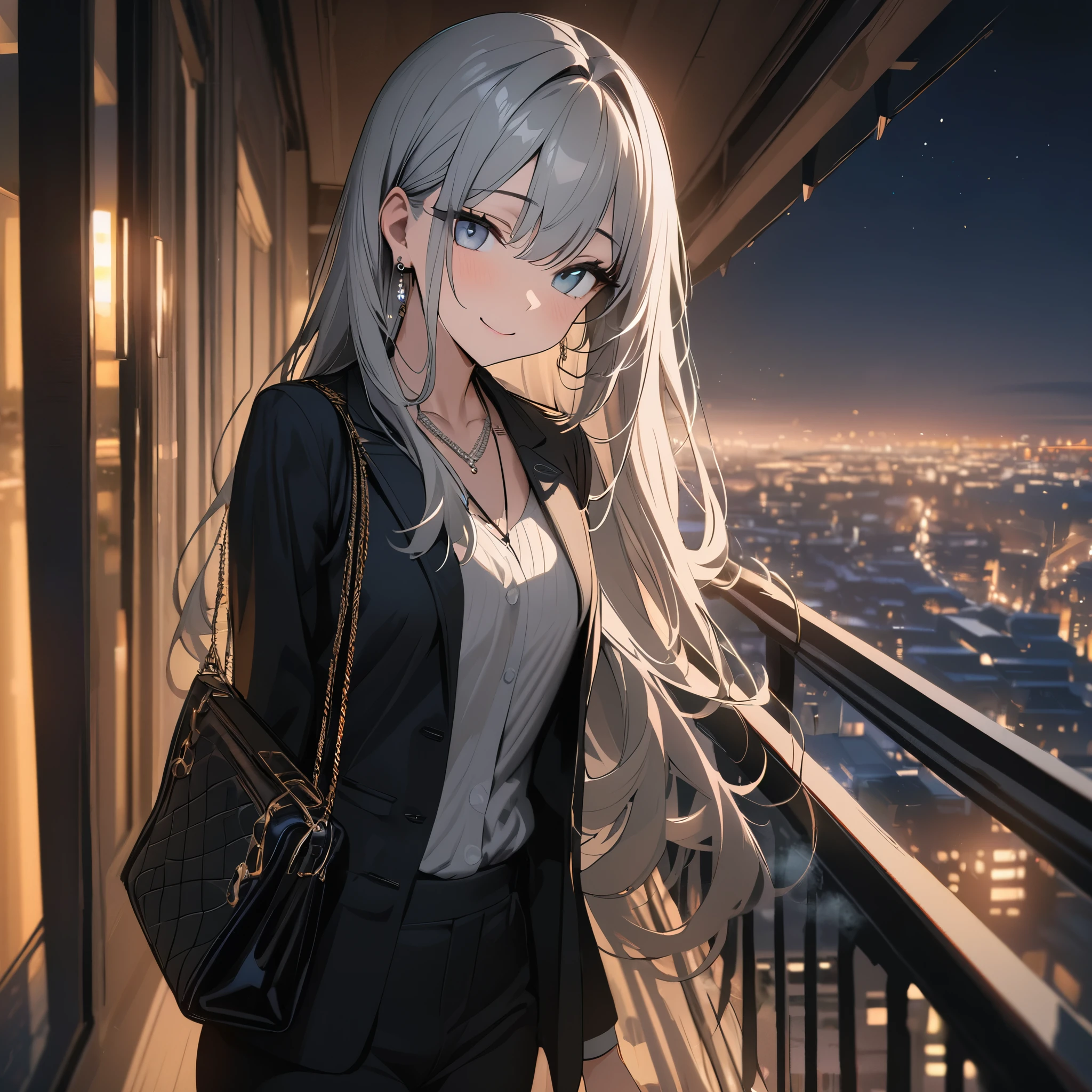 masterpiece, highest quality, Ultra-high resolution, Ultra-fine, 4K, 8k, highest quality, beautiful, Cute Woman, alone, (beautiful,Gray Hair, beautiful eyes, Long Hair, smile), Balcony,night,suit,necklace, Earrings, accessories, bag, Great lighting,Excellent resolution,, Audio Notes,