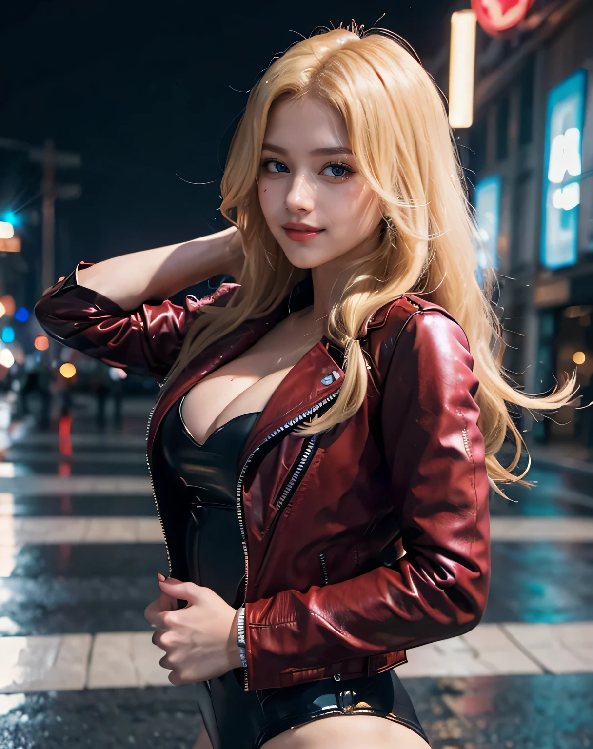 1girl, (Blue Eyes), (smiling :1.2), (Sana Minatozaki), (beautiful makeup :1.2), wide hips, Big tits, big ass, toned legs, shiny body, (Best Quality, 8k, Masterpiece: 1.3), Clear Focus: 1.2, Perfect Body Beauty: 1.4, strong abs, Highly detailed face and skin texture, detailed eyes, double eyelids, (blond long straight hair :1.2), (cleavage red leotard :1.2), (black leather jacket :1.3), standing, dynamic pose, in a futuristic city at night, night city