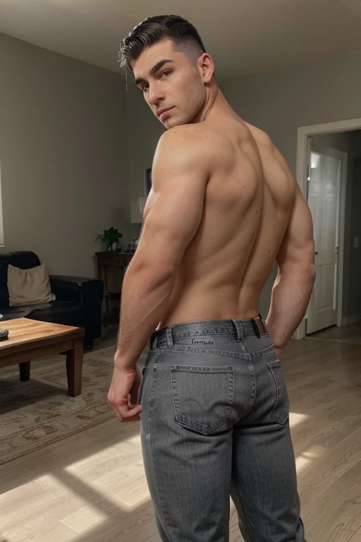He's a big boy with Short gray hair, calm golden eyes, intense gray eyebrows with eyelashes of the same color, light brown skin, a scar on his left jaw, Serious facial features. He has no beard and no mustache. + He is in his twenties. Full body. Muscular legs. Jeans backside