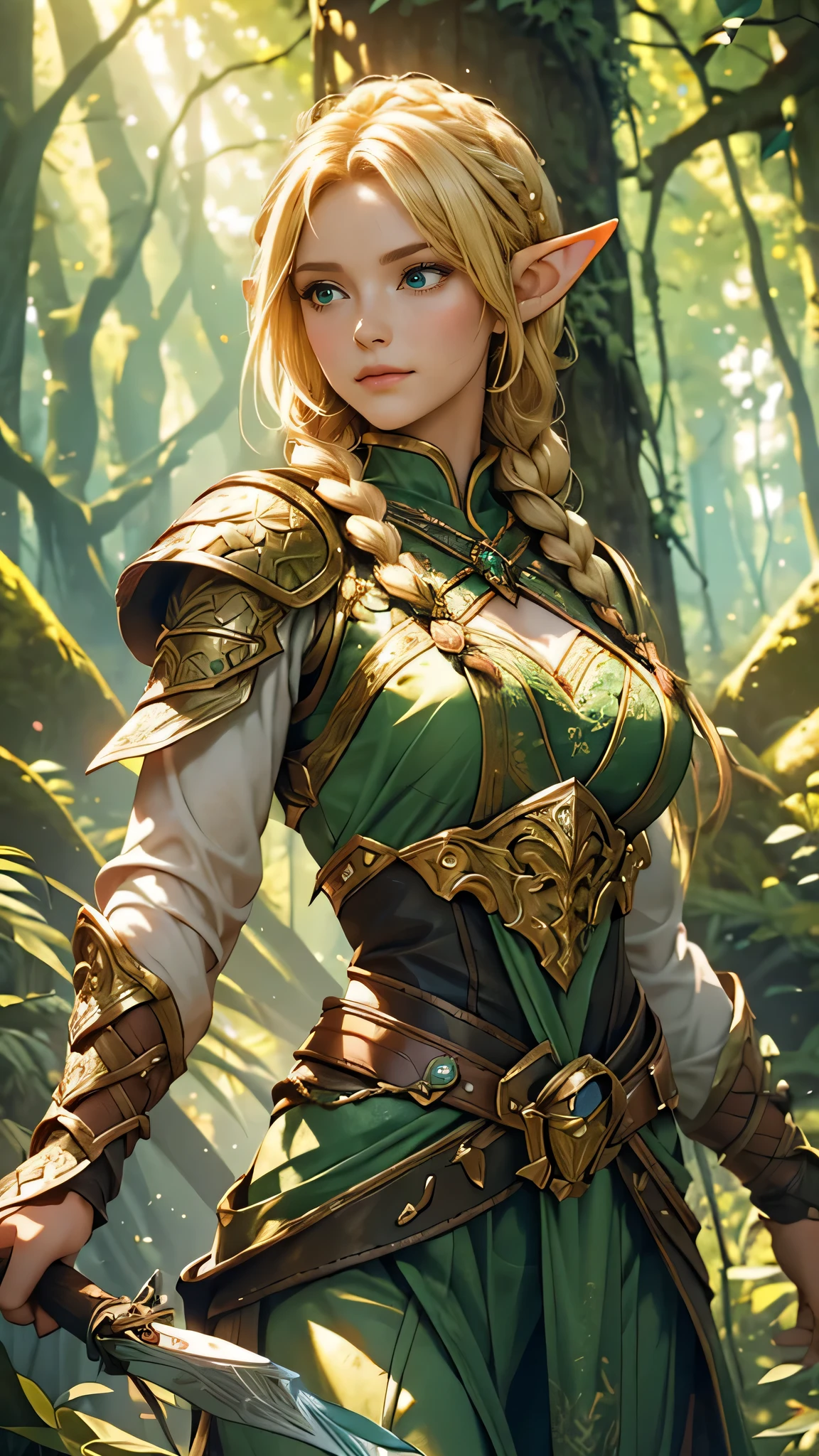a girl with long blonde hair and braids, wearing vibrant green armor. She is an elf warrior, standing tall and confident in the depths of a dense forest. Her eyes gleam with determination and her lips are pursed in a determined expression. Her armor is intricately detailed, shimmering in the dappled sunlight that filters through the foliage. The forest surrounds her, with towering ancient trees covered in moss and vibrant greenery. Rays of sunlight pierce through the canopy, creating a magical atmosphere. The air is filled with a sense of mystery and enchantment. The elf warrior girl holds a bow in her hands, prepared to release an arrow. The bow is made of polished wood, with delicate carvings and intricate patterns. The arrow she holds is poised to fly, ready to hit its target with precision. The girl's pose exudes grace and strength, showcasing her agile and skillful nature. As she stands in this enchanted forest, she is a symbol of courage and resilience. The colors of the scene are vivid and vibrant, capturing the lushness and beauty of nature. The lighting is soft and warm, illuminating the girl and the forest with a magical glow. The overall image is high-quality, with ultra-detailed features that bring the scene to life. The prompt is specifically designed for Stable Diffusion to generate a realistic and photorealistic artwork of an elf warrior girl in a lush forest setting.