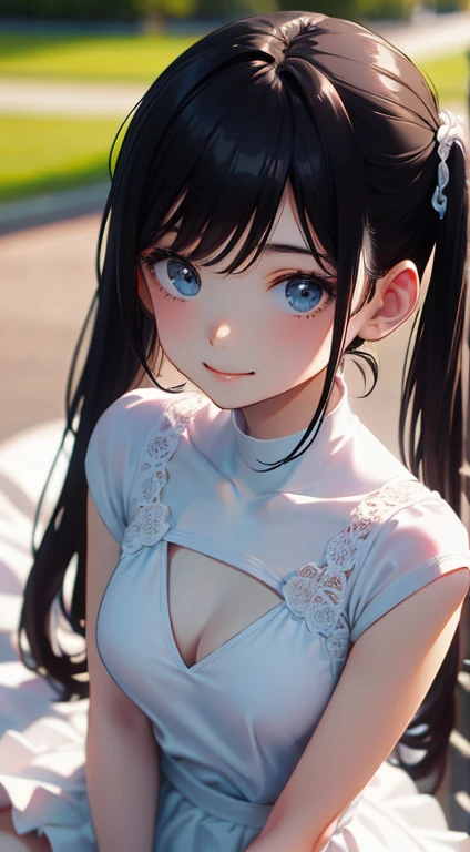masterpiece, highest quality, One Girl, Thighs, beautiful girl, Small waist, Official Art, RAWphotograph,colorful、Bright lighting、Face Light, Ultra-realistic, High resolution, photograph, Sharp focus, Highly detailed eyes and face,Symmetrical face, whole body、Large Breasts、Long Hair、チラリと見えるThighs、Beautiful cleavage、bride、Smile、lipstick、Twin tails、White tennis wear、whole body