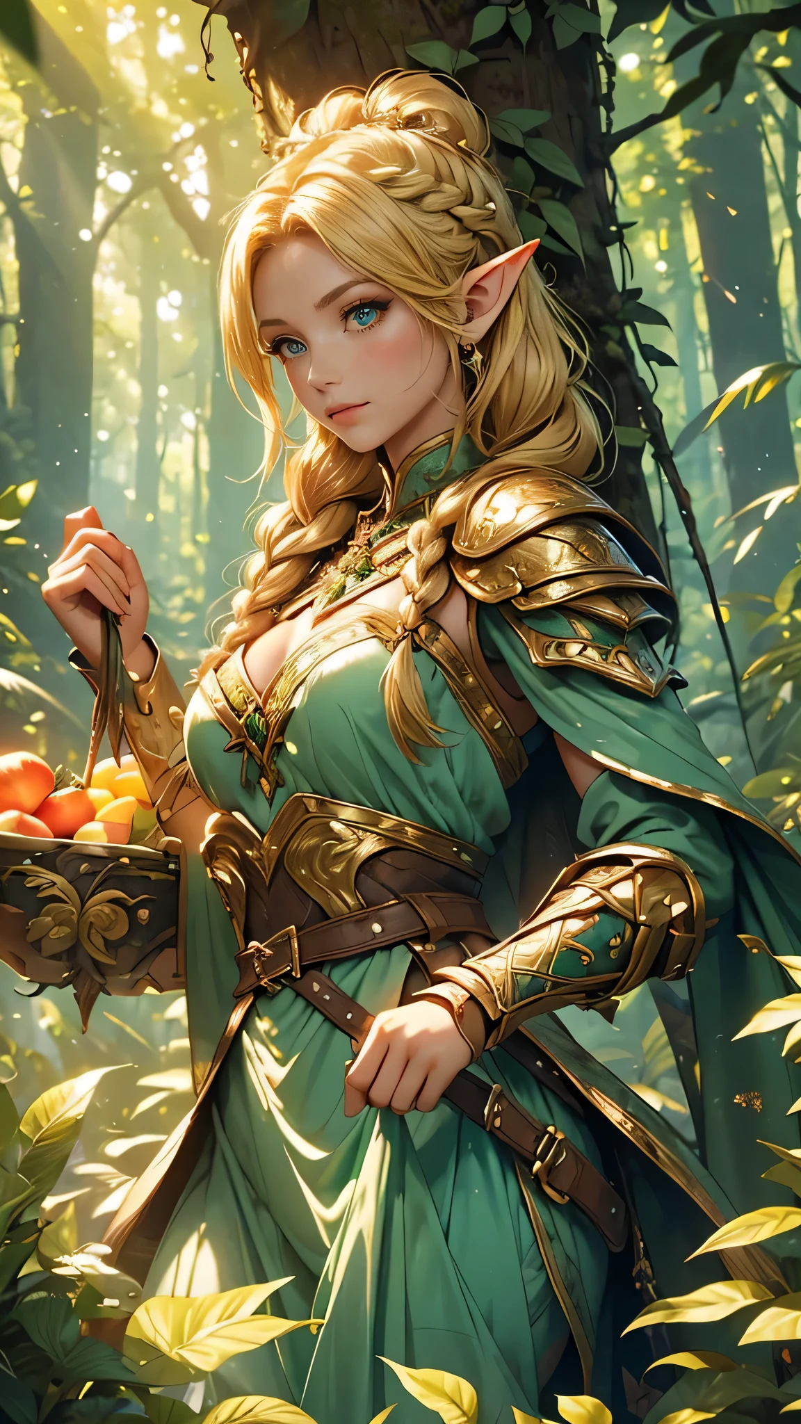 a girl with long blonde hair and braids, wearing vibrant green armor. She is an elf warrior, standing tall and confident in the depths of a dense forest. Her eyes gleam with determination and her lips are pursed in a determined expression. Her armor is intricately detailed, shimmering in the dappled sunlight that filters through the foliage. The forest surrounds her, with towering ancient trees covered in moss and vibrant greenery. Rays of sunlight pierce through the canopy, creating a magical atmosphere. The air is filled with a sense of mystery and enchantment. The elf warrior girl holds a bow in her hands, prepared to release an arrow. The bow is made of polished wood, with delicate carvings and intricate patterns. The arrow she holds is poised to fly, ready to hit its target with precision. The girl's pose exudes grace and strength, showcasing her agile and skillful nature. As she stands in this enchanted forest, she is a symbol of courage and resilience. The colors of the scene are vivid and vibrant, capturing the lushness and beauty of nature. The lighting is soft and warm, illuminating the girl and the forest with a magical glow. The overall image is high-quality, with ultra-detailed features that bring the scene to life. The prompt is specifically designed for Stable Diffusion to generate a realistic and photorealistic artwork of an elf warrior girl in a lush forest setting.