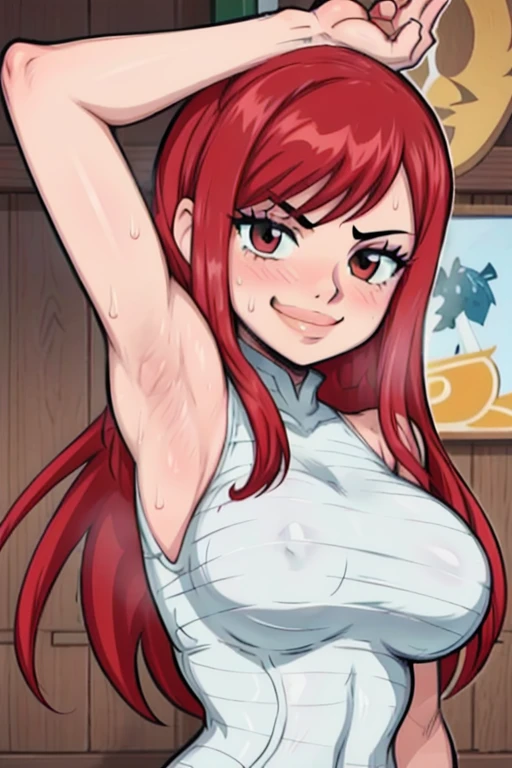 masterpiece, best quality, erza scarlet, looking at viewer, red hair, , upper body, portrait, looking at viewer, seductive smile,both hands raised, armpits, armpits visible, sweaty armpits,