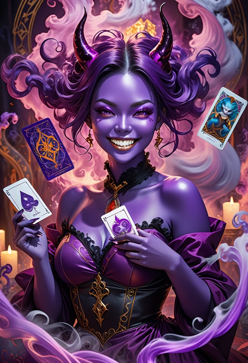 Playful devil girl with purple skin and devilish grin holding tarot cards, surrounded by swirling purple smoke, ultra-detailed, mystical, vibrant colors, enchanting lighting, devilish grin, tarot cards, purple skin, playful, tempting, professional, swirling smoke, by top artists, high resolution, digital painting