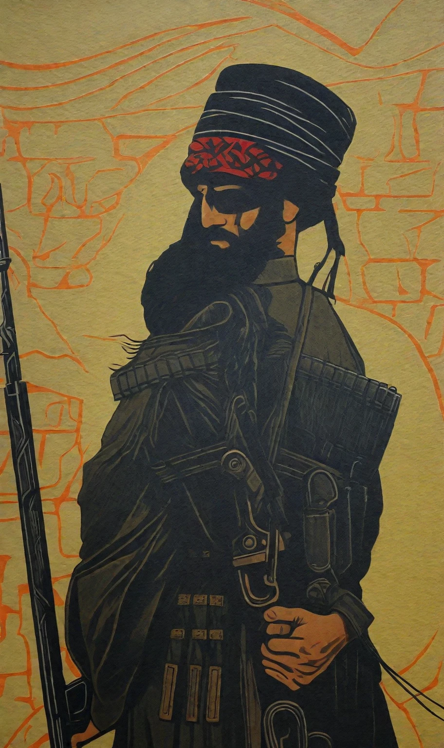 Close-up of a poster with a man, holding a gun, Kurdish Samurai, inspired Author: Merse Pál Szinyei, Orthodox symbols diesel punk, Abdullah Gergouri, Mustafa Rakim, Author: Merse Pál Szinyei, Maxim Sukharev