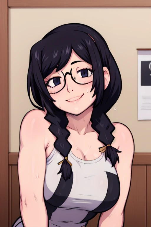 masterpiece, best quality, hanekawa tsubasa, looking at viewer, black braid hair, large breasts, upper body, portrait, looking at viewer, seductive smile,both hands raised, armpits, armpits visible, sweaty armpits, wearing glasses