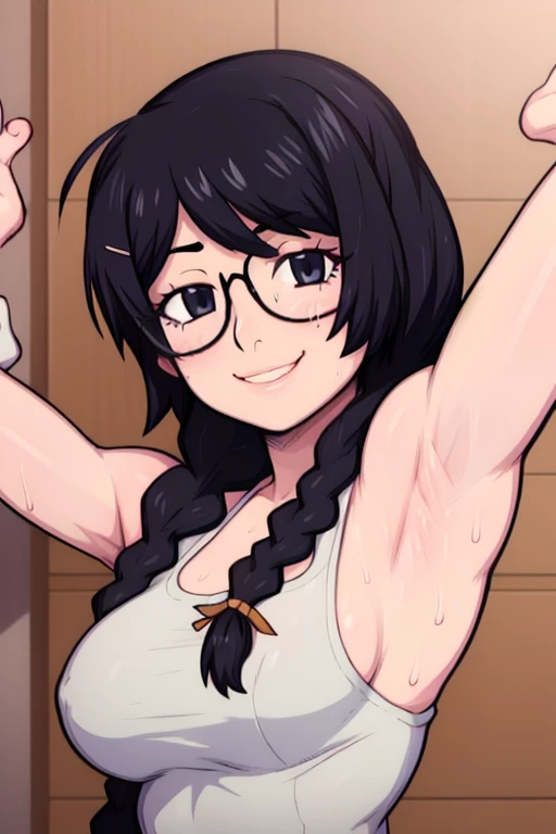 masterpiece, best quality, hanekawa tsubasa, looking at viewer, black braid hair, large breasts, upper body, portrait, looking at viewer, seductive smile,both hands raised, armpits, armpits visible, sweaty armpits, wearing glasses