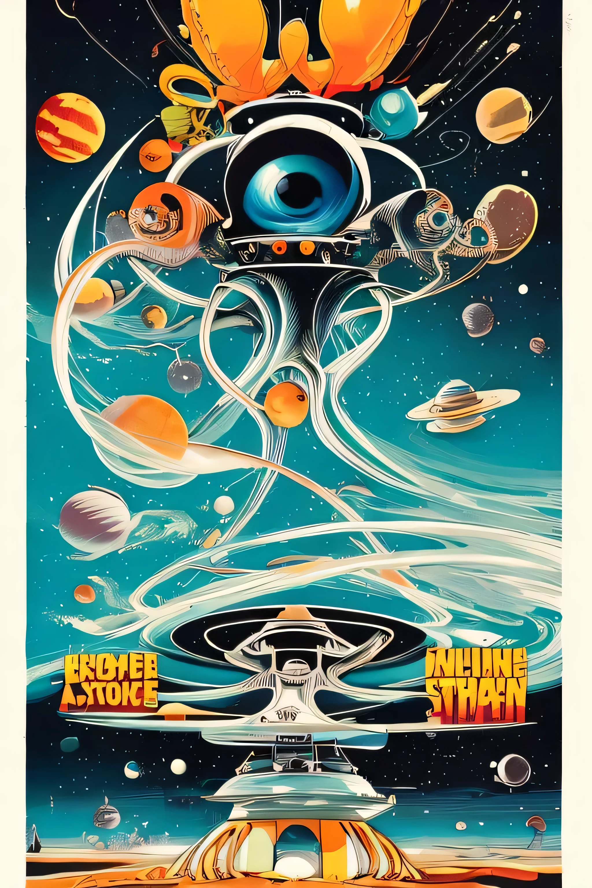 lithograph of a one-eyed Octopus Monster devouring a speaker in outer space, fondo del espacio