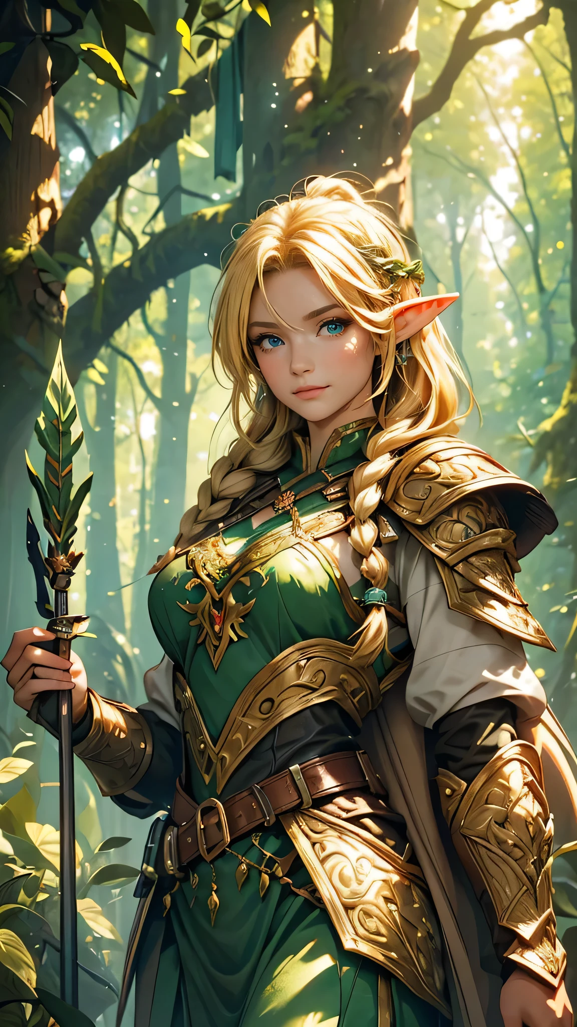 a girl with long blonde hair and braids, wearing vibrant green armor. She is an elf warrior, standing tall and confident in the depths of a dense forest. Her eyes gleam with determination and her lips are pursed in a determined expression. Her armor is intricately detailed, shimmering in the dappled sunlight that filters through the foliage. The forest surrounds her, with towering ancient trees covered in moss and vibrant greenery. Rays of sunlight pierce through the canopy, creating a magical atmosphere. The air is filled with a sense of mystery and enchantment. The elf warrior girl holds a bow in her hands, prepared to release an arrow. The bow is made of polished wood, with delicate carvings and intricate patterns. The arrow she holds is poised to fly, ready to hit its target with precision. The girl's pose exudes grace and strength, showcasing her agile and skillful nature. As she stands in this enchanted forest, she is a symbol of courage and resilience. The colors of the scene are vivid and vibrant, capturing the lushness and beauty of nature. The lighting is soft and warm, illuminating the girl and the forest with a magical glow. The overall image is high-quality, with ultra-detailed features that bring the scene to life. The prompt is specifically designed for Stable Diffusion to generate a realistic and photorealistic artwork of an elf warrior girl in a lush forest setting.