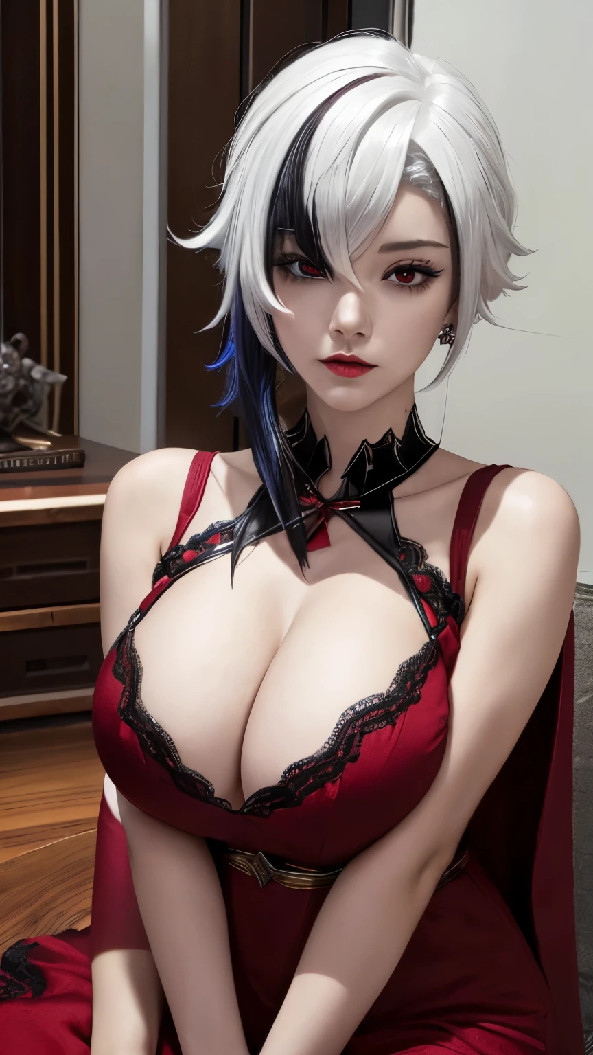 1 girl(Colorful Hair,White hair,Black Hair,short hair,Straight Hair,Long braids,Glowing red eyes,Red X pupil), ((Wearing a thin red dress:1.6)),Diamond dress,((Wear a black lace necklace:1.4))),noble,earrings,Red lips,(Big Breasts:1.5)),((High chest:1.6)),Firm breasts,Beautiful cleavage,( ((Big round breasts: 1.8))) , ((Super firm breasts: 1.7)) ,Beautiful breasts,Perfect body,(((Sitting,Lean Back,Hands behind:1.5))),((Keep your chest up:1.5)),
