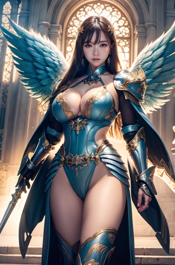 beautiful detail, best quality, 8k, highly detailed face and skin texture, high resolution, beautiful huge tits asian girl in armor with angel wing stand infront of castle, full body, sharp focus