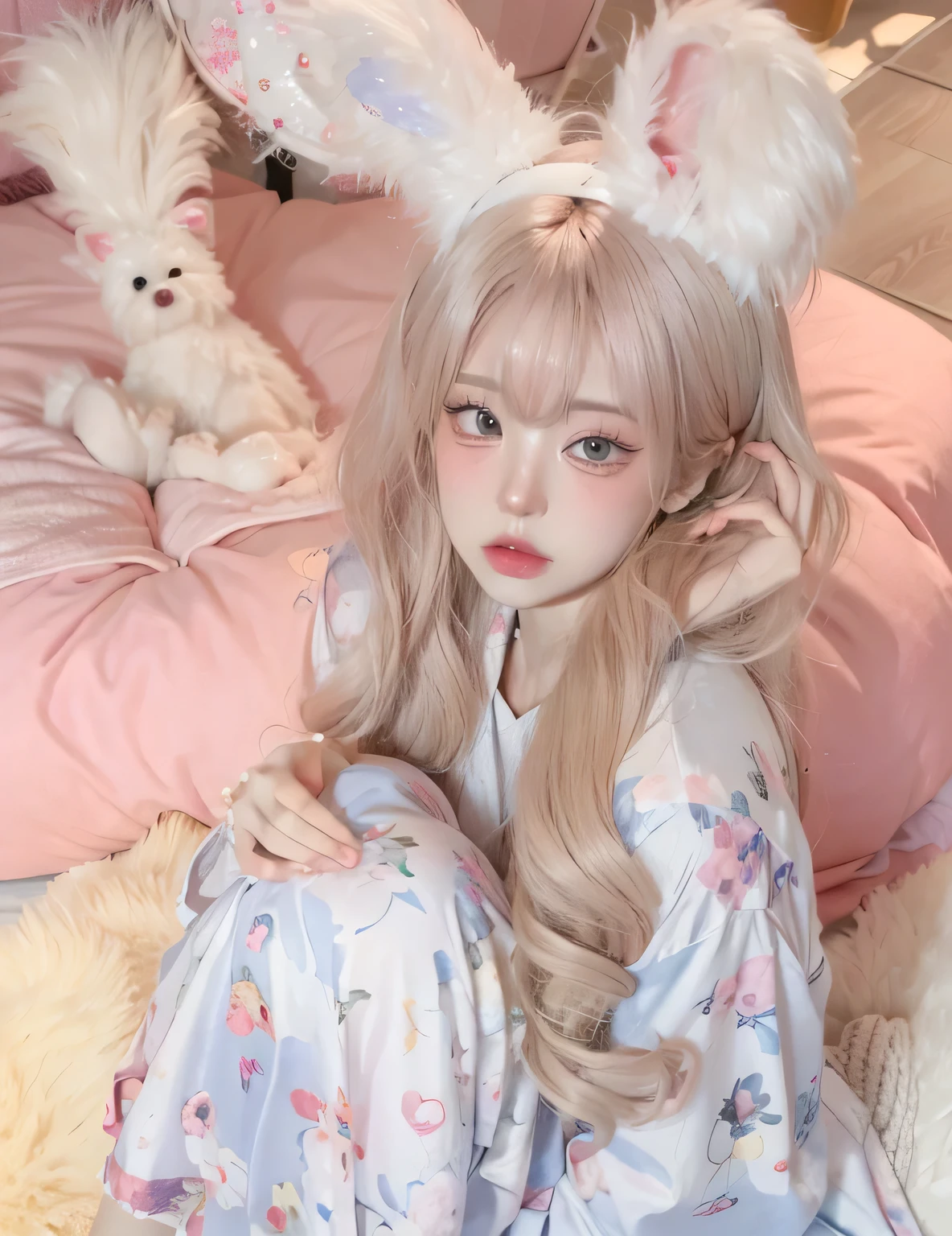 Anime girl with pink hair and pink lips looking at herself.., Retrato realista kawaii, inspirado por Yanjun Cheng, Obras de arte al estilo de Guweiz, cabello rosado que fluye, realismo artstyle, realistic art style, Tendencias en CGVatstation, Estilo de realismo de anime, inspirado en Sim Sa-jeong, Estilo realista de anime 3D, Pintura de estilo pastel, Pintura realista de chica linda
