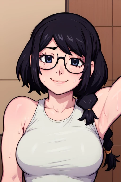 masterpiece, best quality, hanekawa tsubasa, looking at viewer, black braid hair, large breasts, upper body, portrait, looking at viewer, seductive smile,both hands raised, armpits, armpits visible, sweaty armpits, wearing glasses