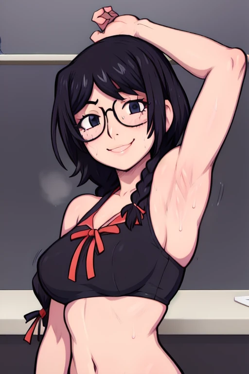 masterpiece, best quality, hanekawa tsubasa, looking at viewer, black braid hair, large breasts, upper body, portrait, looking at viewer, seductive smile,both hands raised, armpits, armpits visible, sweaty armpits, wearing glasses